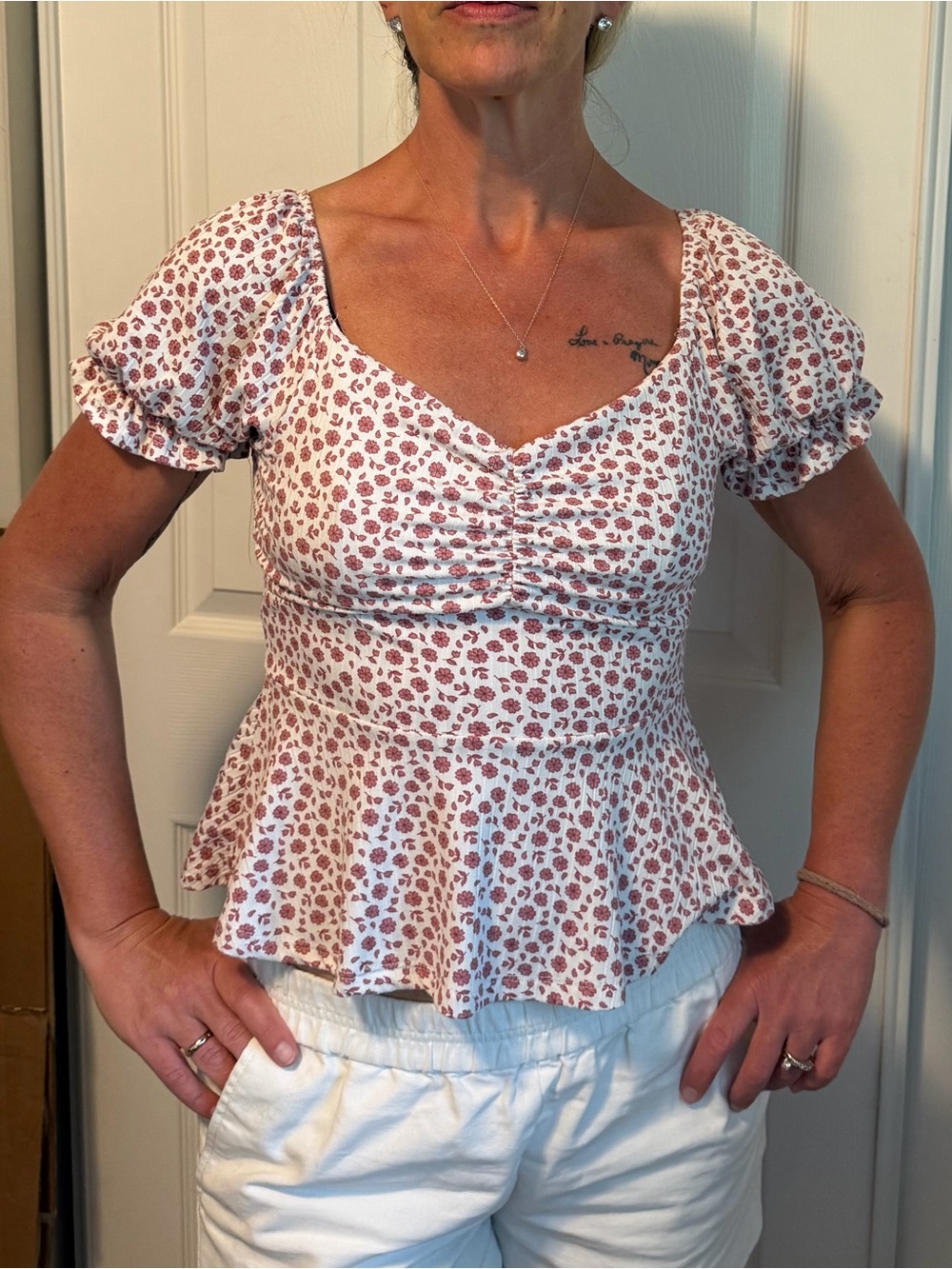Floral Ruched Peplum Top - White with Pink Floral